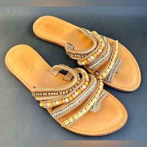 Schutz Jodie Beaded Toe-Loop Leather Sandals Women's Size 7.5 US